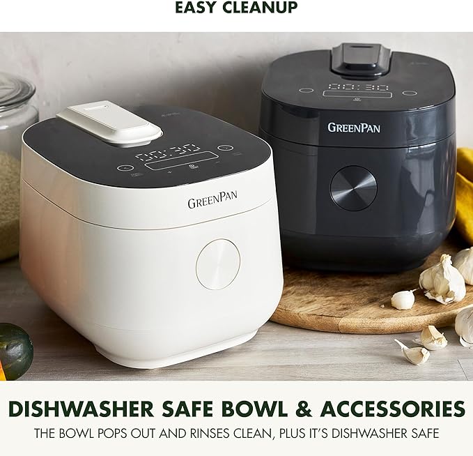 GreenPan Rice Cooker 8 Cups Cooked (4 Uncooked) Low-Carb &amp Soup Mode10 ONE-TOUCH Cooking Presets PFAS-Free Ceramic Steamer Basket Fuzzy Logic Auto Keep Warm Oats 24HR Delay Timer Cream