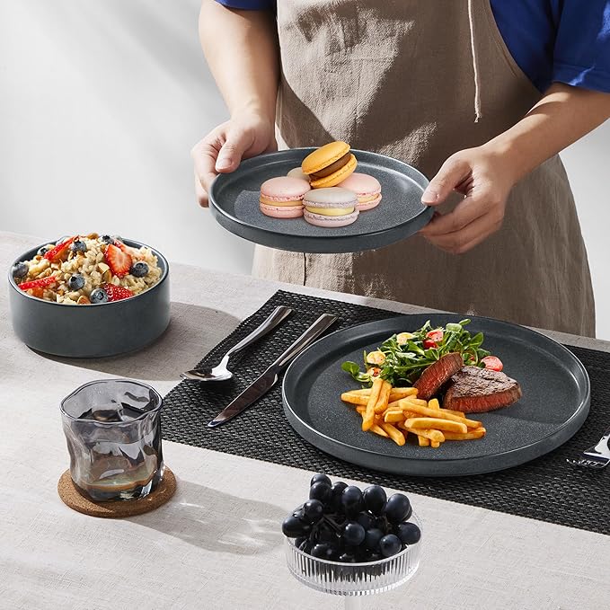 E-far Stoneware Dinnerware Sets for 4 12-Piece Reactive Glaze Plates and Bowls Sets Kitchen Ceramic Dishes Dinning Ware Microwave &amp Dishwasher Safe Deep Gray