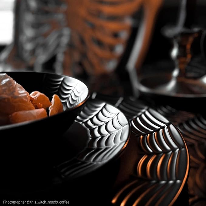 Nomnu Spiderweb Dinnerware Set (12 Pieces) - 4 Dinner Plates 4 Salad Plates 4 Bowls - Black Matte Porcelain Goth Dinnerware Set - Halloween Spooky Creepy Dishes Gothic Gifts