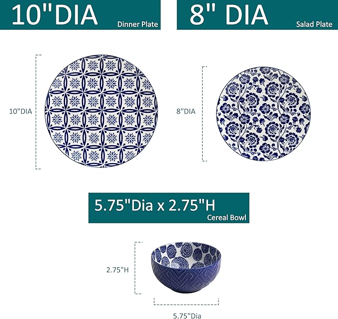 LEHAHA 12 Pieces Modern Porcelain Dinnerware SetService for 4 Ceramic Plates and Bowls Sets Kitchen Dinner Salad Dessert Plate and Cereal Bowl Set Ceramics Dishes Set Blue and White