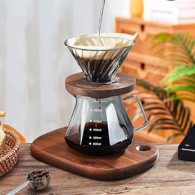 Mongdio Pour Over Coffee Maker 20 oz High-Heat Borosilicate Glass Coffee Maker with 100pcs Paper Filters Walnut Handle &amp Glass Lid Drip Coffee Maker Set for Home Café Restaurant - 600ml Gray