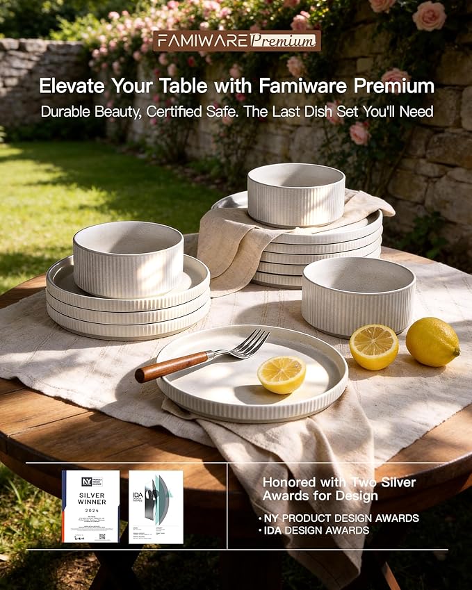 24-Piece Dinnerware Set for 8 Famiware Premium Stoneware Dish Set with Ribbed Plates and Deep Bowls Double Reactive Glaze Chip &amp Scratch Resistant Microwave &amp Dishwasher Safe Matte Reacti