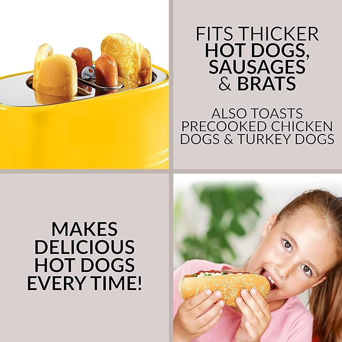 Oscar Mayer 2 Slot Hot Dog and Bun Toaster with Mini Tongs Hot Dog Toaster Works with Chicken Turkey Veggie Links Sausages and Brats Yellow