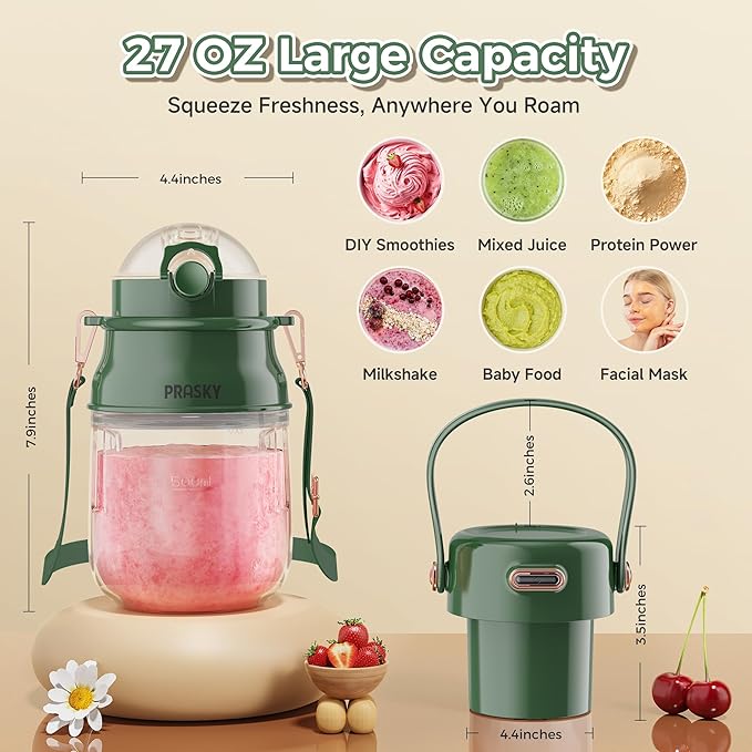 Portable Blender Prasky Personal Blenders for Shakes and Smoothies with 27oz Cup Lid and Shoulder Strap Type-C USB Rechargeable Personal Size Blenders BPA-free for Travel/Kitchen(Green)