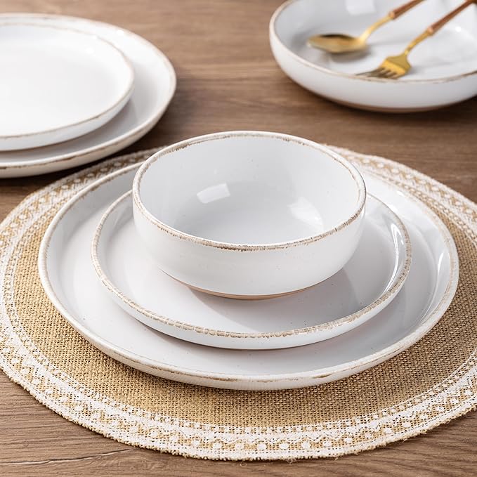 AmorArc Ceramic Dinnerware Sets for 4 12 Pieces Handpainted Plates and Bowls Set with Rustic Terracotta Underside Scratch Resistant Stoneware Dishes Set Dishwasher &amp Microwave Safe White
