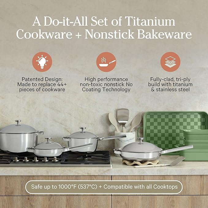 Our Place 15-Piece Titanium Pro Cookware &amp Bakeware Set | Tri-Ply Titanium &amp Stainless Steel Nonstick Fry Pans &amp Pots | Ceramic Nonstick Bakers &amp Griddle Pan | Non-toxic PFAS-Free | S