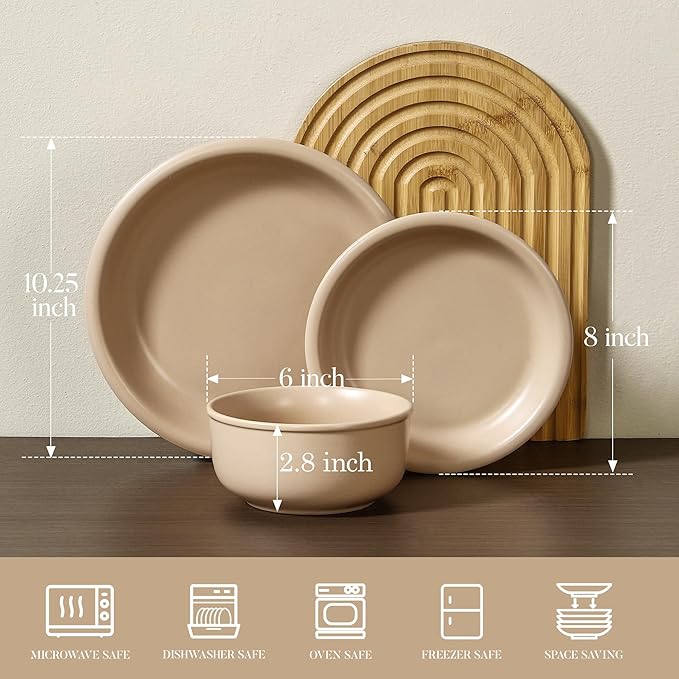 GZG Vintage Series - Ceramic Dinnerware Set for 4 12 Pieces Stoneware Plates and Bowls Set Lead-Free Handcrafted Dishes Set Microwave &amp Dishwasher Safe - Warm Apricot