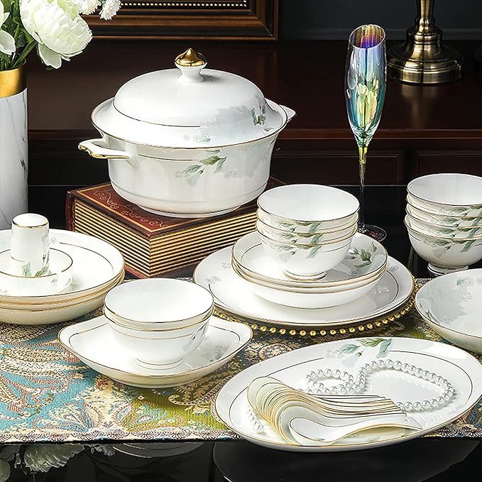 Bone China Dinner Set Porcelain White Dinnerware Kitchen Dinning Round Tableware Combination Set with Cereal Bowls Dessert Plates and Soup Plates (58 Pieces Service for 8 People)