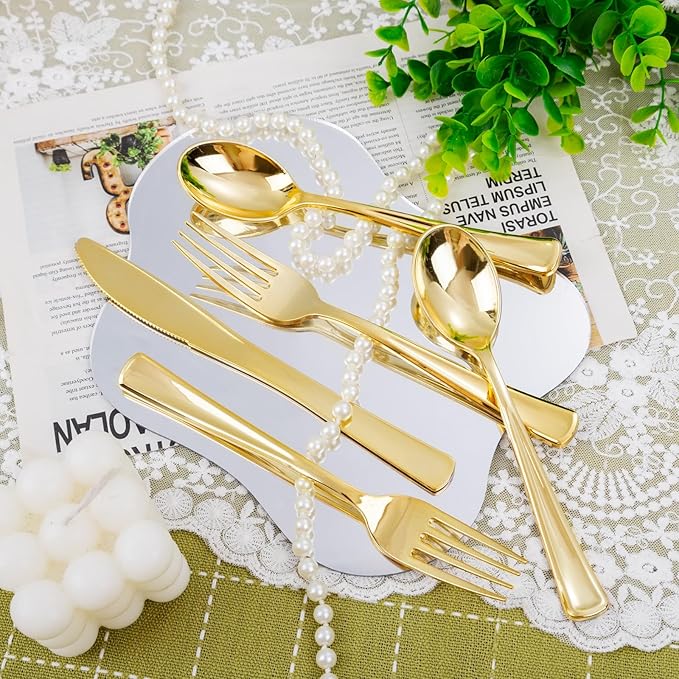 Nervure 400PCS Pre Rolled Gold Plastic Silverware Sets - Heavy Duty Gold Cutlery - Include 100 Pack Wrapped Disposable Utensils with Napkins for Parties Dinners &amp Weddings