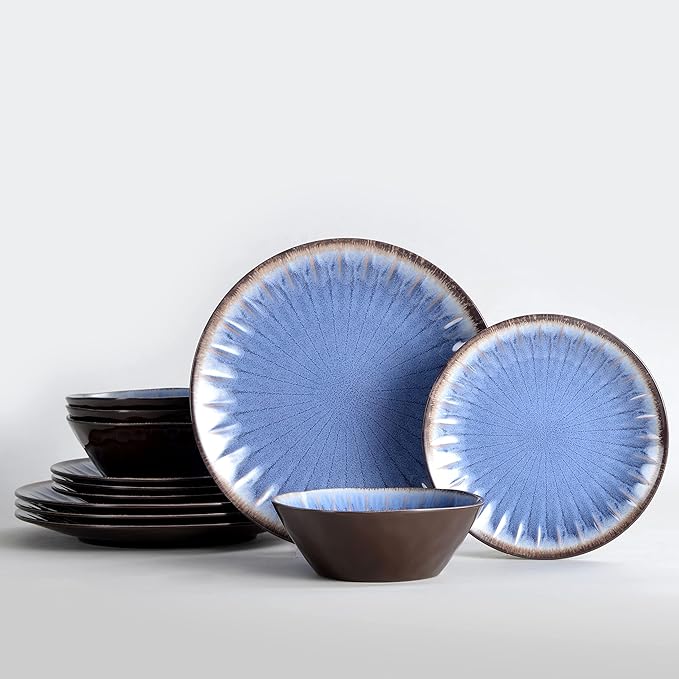 Melamine Dinnerware Sets 12 Pcs Plates and Bowls Sets Melamine Plates Outdoor Dishes Sets Unbreakable Dinnerware Serving Dishes for Entertaining Dishwasher Safe BPA Free (Classic Blue)