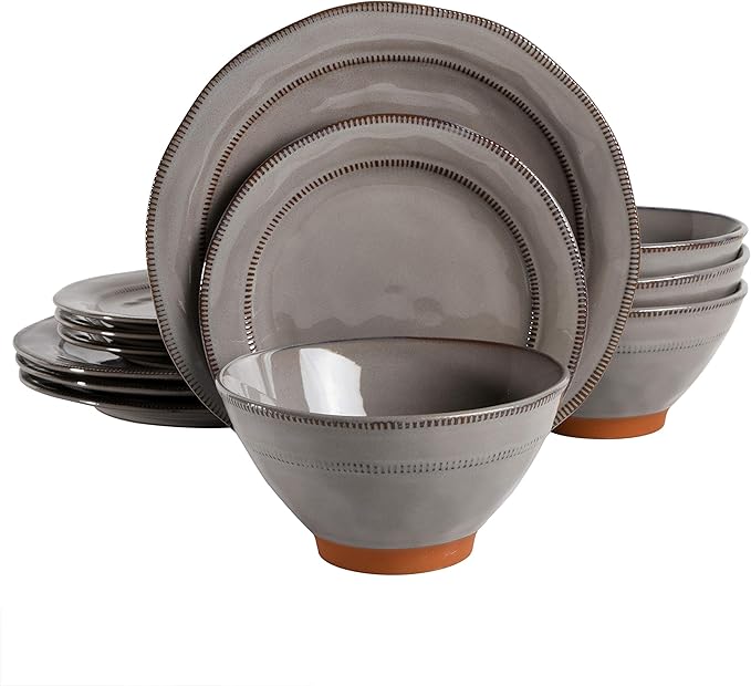 Gibson Elite Terranea Round Reactive Glaze Terra Cotta Dinnerware Set Service for Four (12pcs) Grey