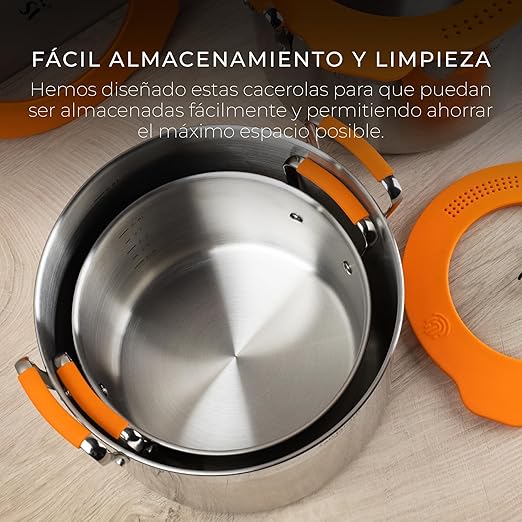 SAN IGNACIO Compact Stainless Steel Pot Set 5 Pieces Contains 2 Pots with 20 and 24 cm and 1 Saucepan with 16 cm Cooking Pot Set for All Hob Types