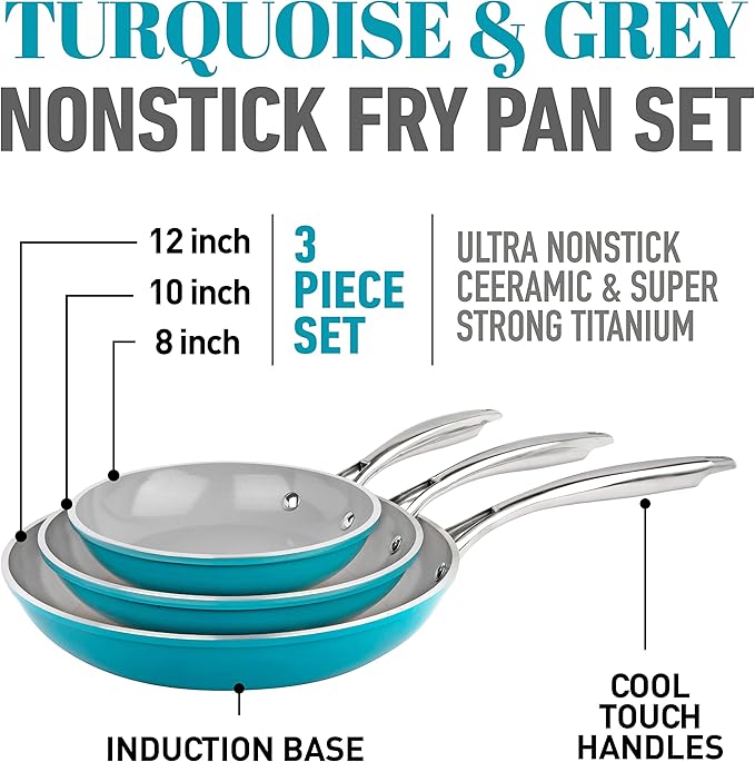 Gotham Steel 3 Piece Nonstick Ceramic Fry Pans Set 8' 10' &amp 12' Nonstick Skillet Set Omelet Pan PFOA Free Dishwasher Safe Cool Touch Handle - Turquoise Blue