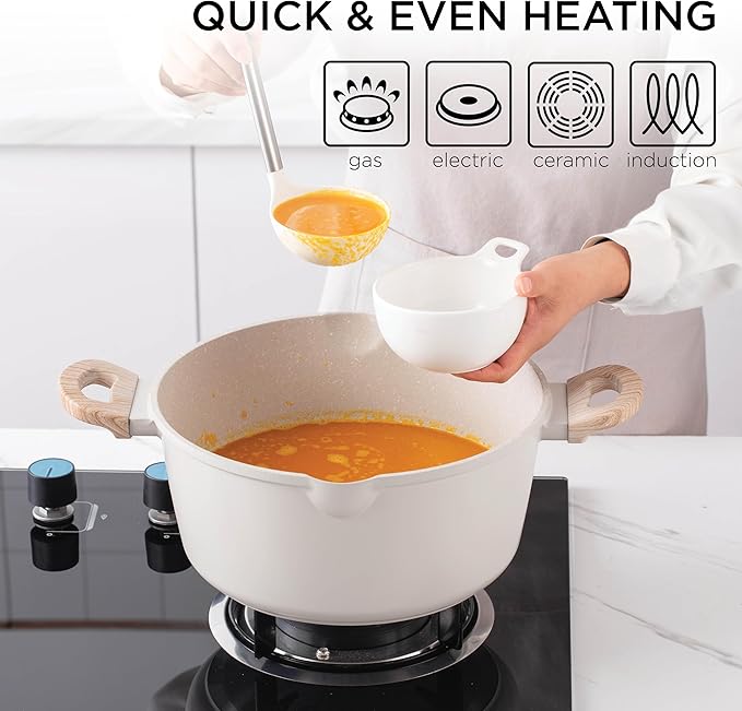 Country Kitchen Non-Stick Cast Aluminum Cookware Set - Durable Kitchen Cookware for Everyday Cooking Cream Round Handle 11 Pc.