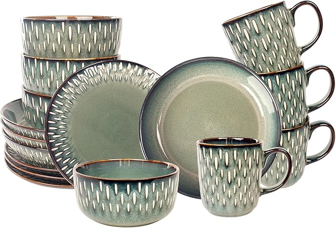Dinnerware Sets 16 Pieces - Round Reactive Glaze Tableware - Kitchen Dinnerware Porcelain Crockery with Dinner Plate Bowl and Soup Plate Service for 4 Microwave Dishwasher Safe Set No.4