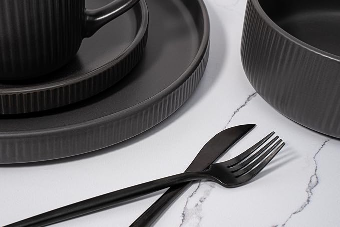 16 Piece Dinnerware Set Key West - Plates Bowls and Mugs Set for 4 - Chip and Scratch Resistant Microwave and Dishwasher Safe Tableware 16 Pieces Ribbed Dishes