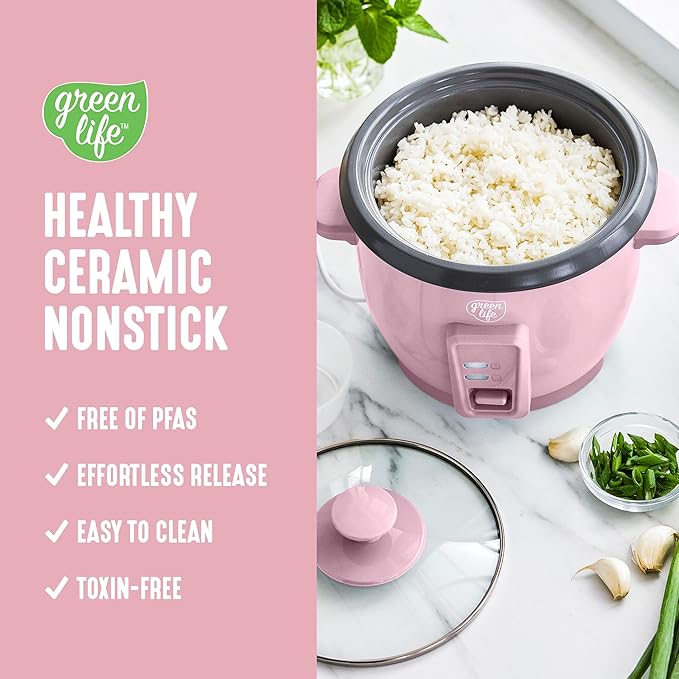 GreenLife Rice Cooker with Removable PFAS-Free Ceramic Nonstick Pot 3-Cups Uncooked/6-Cups Cooked Grains &amp Oatmeal Multicooker Compact One-Switch Design Auto Keep Warm Easy Clean Pink