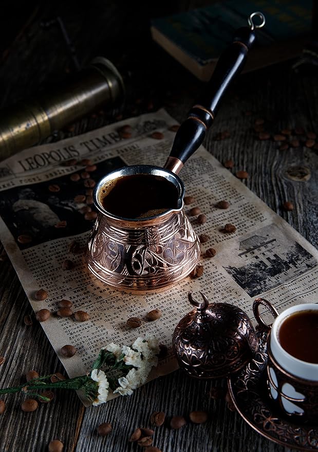 DEMMEX Thickest Copper Turkish Greek Arabic Coffee Pot Stovetop Coffee Maker Cezve Ibrik Briki with Wooden Handle &amp Spoon Hand Engraved