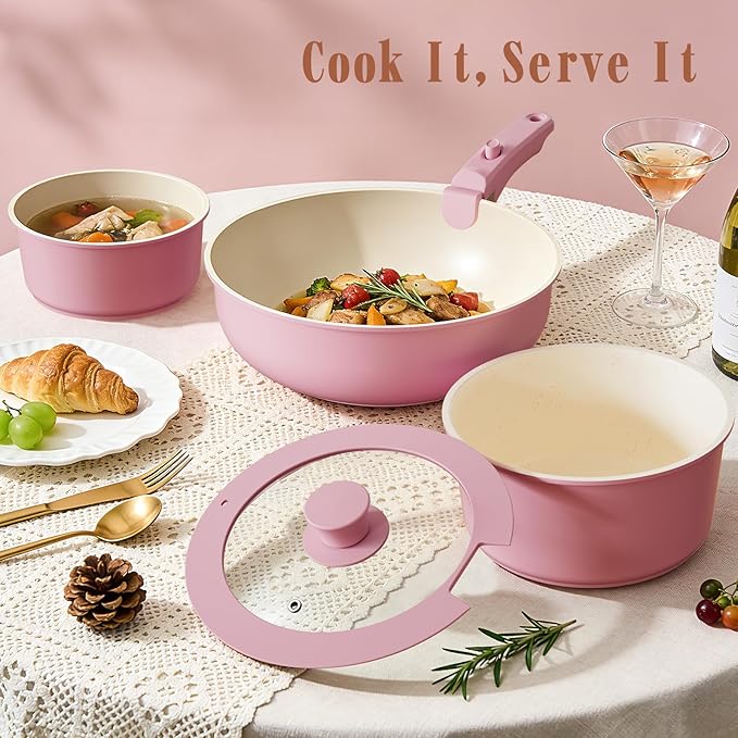 Umite Chef Pots and Pans Set Non Stick 21 pcs Nonstick Ceramic Cookware Set RV Kitchen Cooking Set with Detachable Handles Oven Safe Induction Cookware Stackable Pink PFAS PFOA &amp PTFE Free