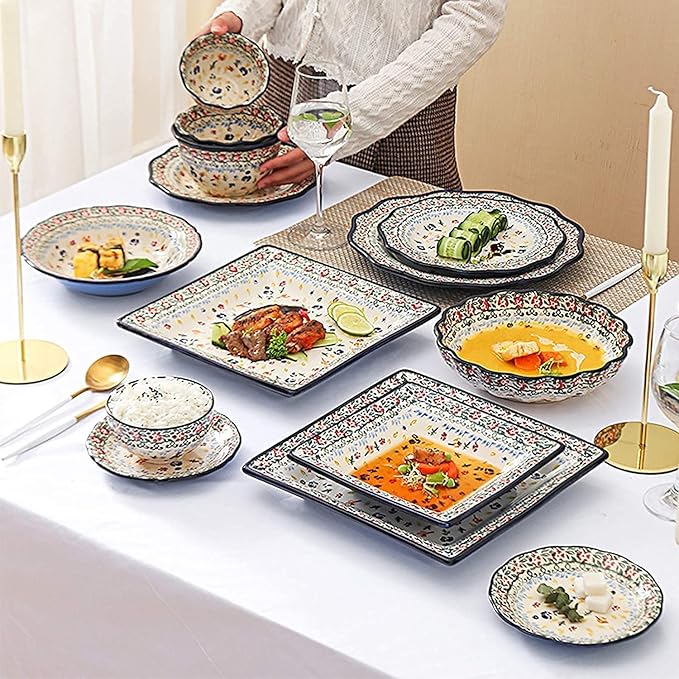 Dinnerware Sets - Luxury Gift Dishes Service Set Ceramics Dinnerware Set Bohemian Style Porcelain Dinner Sets of 34 | Folk-Custom Cereal Bowl and Steak Plate Set for Wedding Gift(D)