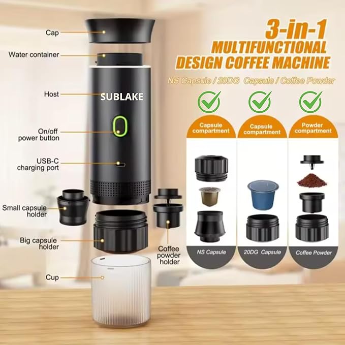 Portable Espresso Maker – Self-Heating USB-C Rechargeable Travel Coffee Maker for Car Camping Office Hiking portable coffee maker With Ground Coffee &amp NS Capsule (Black)