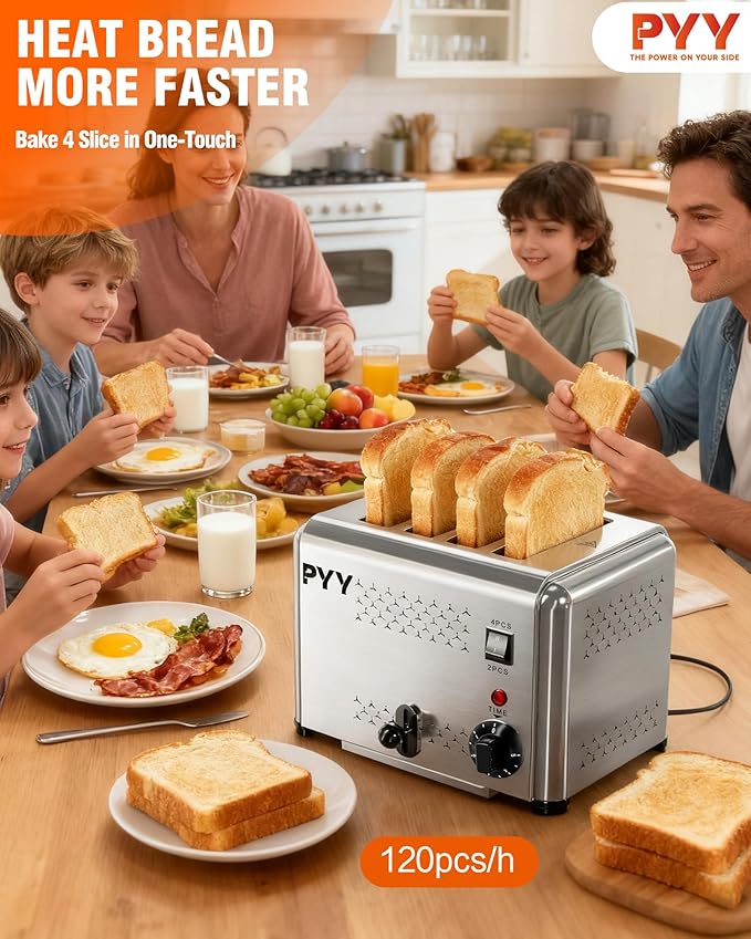 PYY Commercial Toaster 4 Slices with 2/4 Slice Option 120pcs/h 6-Level Setting Toaster with Removable Crumb Tray 1.1 inch Wide Slot for Bagel Bread Stainless Steel for Restaurant Home 1200W