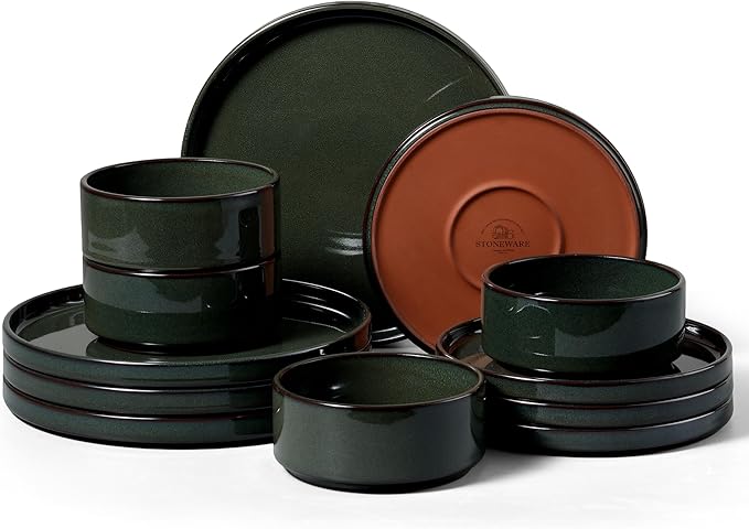 Vesteel 12-Piece Dinnerware Set Ceramic Tableware Reactive Glaze Plates and Bowls Sets Healthy Yixing Purple Clay Dishes Set Dishwasher &amp Microwave Safe - Blackish Green