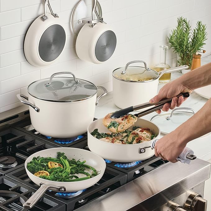 KitchenAid Hard Anodized Ceramic Nonstick Pots and Pans Set with Saucepans Frying Pans Stockpot and Lids 10 Piece Non Stick Cookware Set with Stainless Steel Handles - Porcelain White