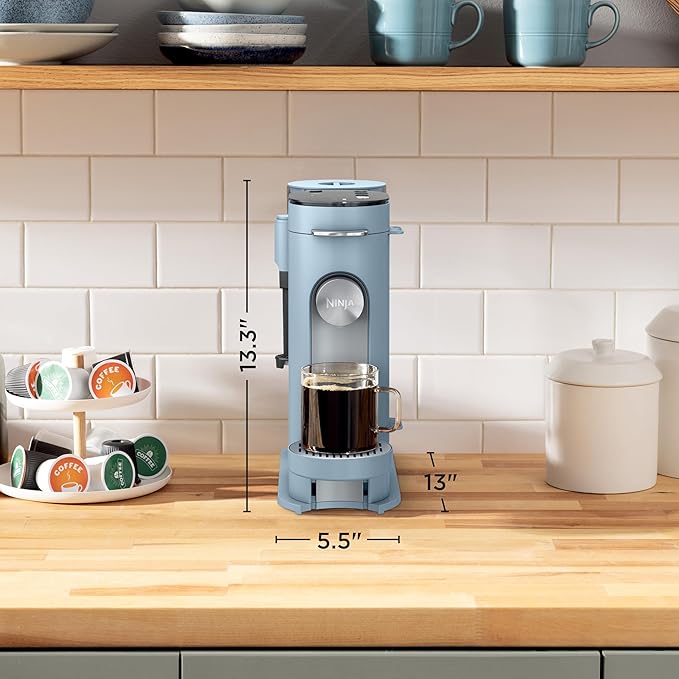 Ninja Pod &amp Grounds Specialty XL Single-Serve Coffee Maker K-Cup Pod Compatible Brews Grounds Compact Design Built-In Milk Frother 68-oz. Reservoir 6oz. Cup-24oz. Mug Sizes Denim Blue PB05