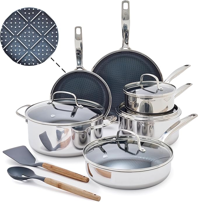 Blue Diamond Hybrid Nonstick Stainless Steel 12 Piece Cookware Set Tri-Ply PFAS-Free Ceramic Diamond Bond Pots &amp Pans Dishwasher &amp Oven Safe to 850F Induction Ready Metal Utensil Safe Sil