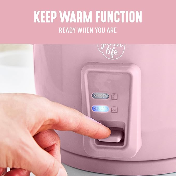 GreenLife Rice Cooker with Removable PFAS-Free Ceramic Nonstick Pot 3-Cups Uncooked/6-Cups Cooked Grains &amp Oatmeal Multicooker Compact One-Switch Design Auto Keep Warm Easy Clean Pink