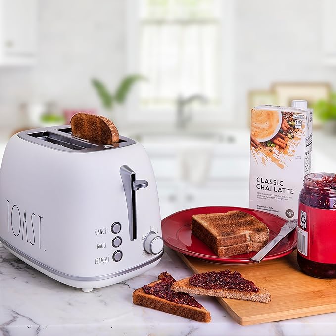 Rae Dunn Retro Rounded Bread Toaster 2 Slice Stainless Steel Toaster with Removable Crumb Tray Wide Slot with 6 Browning Levels Bagel Defrost and Cancel Options White