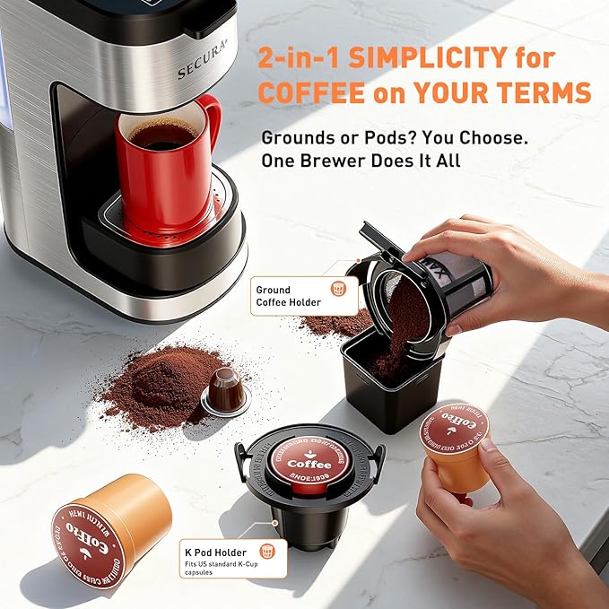 Secura Single Serve Coffee Maker K Cup and Ground 2-In-1 Coffee Maker with 3 Brew Modes Removable Reservoir &amp Drip Tray 6 to 12 Oz Brew Sizes