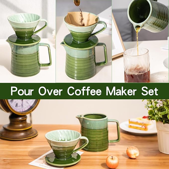 Topadorn Pour Over Coffee Maker Set 13 Oz Ceramic Coffee Maker &amp Pour Over Coffee Dripper Reusable Drip Coffee Maker for Café Restaurant Home Camping Green