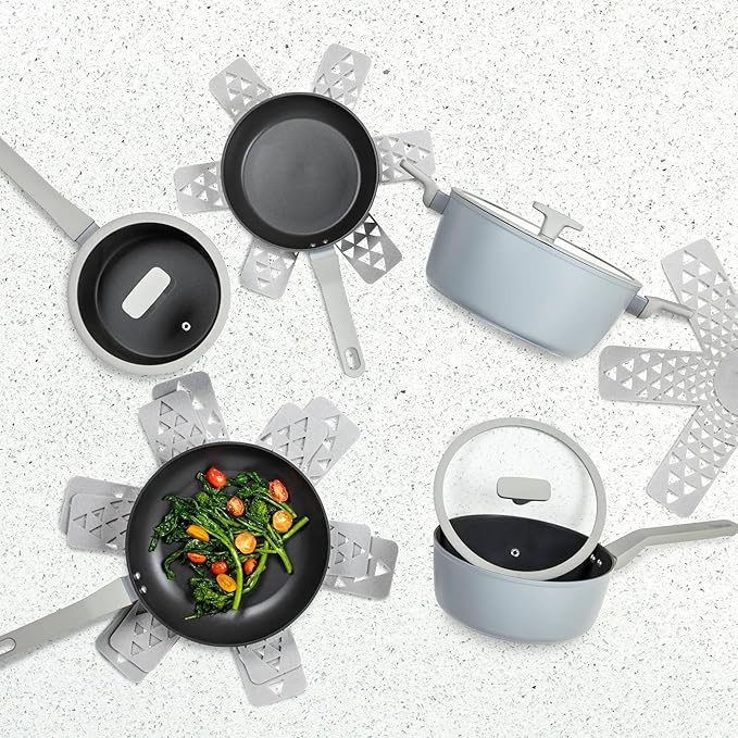 Non-Stick Cookware Set Heavy-Gauge Aluminum Pots and Pans with Fry Pans Saucepans Stock Pot &amp Cookware Protectors – Cool Grey Kitchen 12-Piece Set