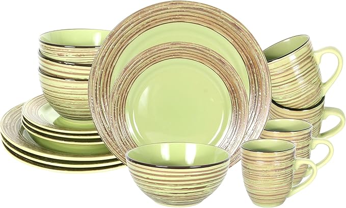 16 Piece Dinnerware Set Ceramic Plates and Bowls Sets for 4 Microwave and Dishwasher Safe Handcrafted Tree Bark Series Dish Set Oak Forest/Dark Green