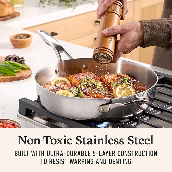 Calphalon Premier Polished 5-Ply Stainless Steel Cookware Set w/Turbo Heat Tech 8 Piece Includes Frying Pans Pots and Pans Set Induction Oven Safe 500F PFOA Free Polished Stainless Silver