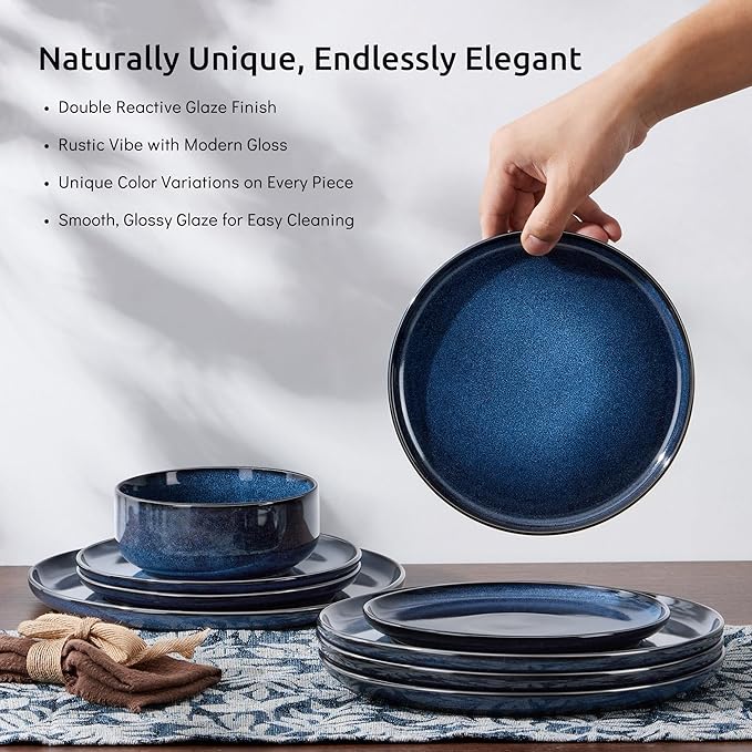 E-far 18-Piece Plates and Bowls Set Dinnerware Sets for 6 Reactive Glaze Stoneware Dishes Dinning Ware Microwave &amp Dishwasher Safe - Deep Sea Blue