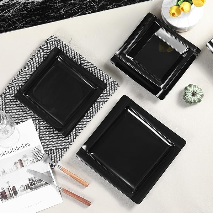 Square Melamine Dinnerware Sets of 12 PcsSquare Plates and Bowls SetsUnbreakable Dish Set for 4Lightweight Dishwasher Safe and BPA FreeSuit for RVCamping（Black）