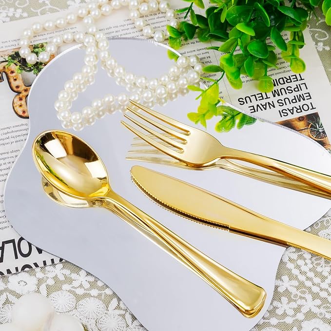 Nervure 400PCS Pre Rolled Gold Plastic Silverware Sets - Heavy Duty Gold Cutlery - Include 100 Pack Wrapped Disposable Utensils with Napkins for Parties Dinners &amp Weddings