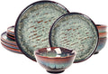 Dinner Set 12 Pieces - Round Reactive Glaze Tableware - Kitchen Dinnerware Porcelain Crockery with Dinner Plate Bowl and Soup Plate Service for 4 Microwave Dishwasher Safe Set (No.3)