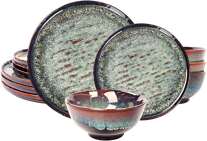 Dinner Set 12 Pieces - Round Reactive Glaze Tableware - Kitchen Dinnerware Porcelain Crockery with Dinner Plate Bowl and Soup Plate Service for 4 Microwave Dishwasher Safe Set (No.3)