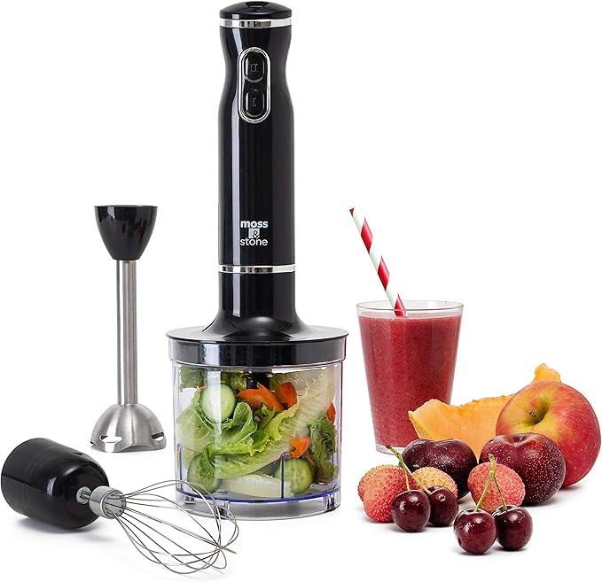 Moss &amp Stone Electric Hand Blender Set 300W Immersion Hand Blender with Whisk and Chopper Stainless Steel Shaft and Blades 2-Speed Handheld Mixer with Ergonomic Grip Black