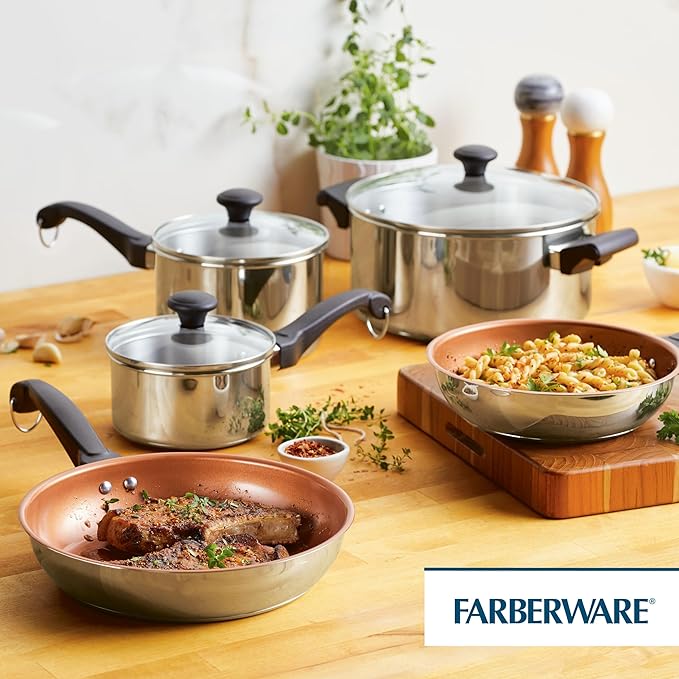 Farberware Classic Traditions Stainless Steel Cookware Induction Pots and Pans Set with Prestige Cooking Utensils 12 Piece - Stainless Steel