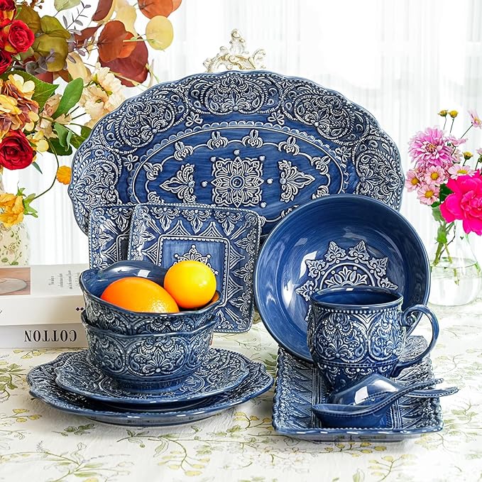 Sungmor Embossed Stoneware Fine Dining Dinnerware Antique Baroque Style Porcelain Dinner Plates Set of 2 (8.5 Salad Plate &amp 11 Dinner Plate) Sophisticated Ceramic Serving Platters for Table De