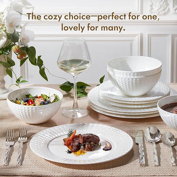 KINGSTONE Bone China Dinnerware Set 18-Piece White Lightweight Porcelain for 6 Plates and Bowls with Rhombus patterned edge design Microwave and Dishwasher Safe for Family Restaurant Gifting