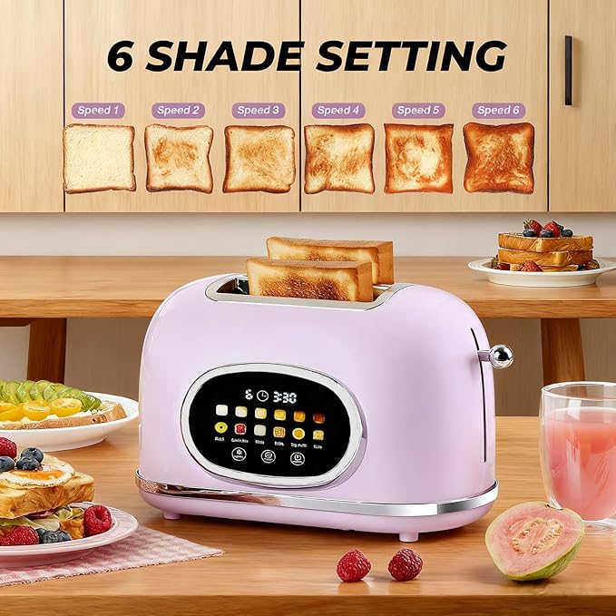 Roter Mond 2 Slice Toaster Smart Touch Screen Retro Stainless Steel Bread Toaster with Digital Timer Sleep Mode Bagel Cancel and Defrost Functions 6 Bread Types and Shade Settings Light Purple