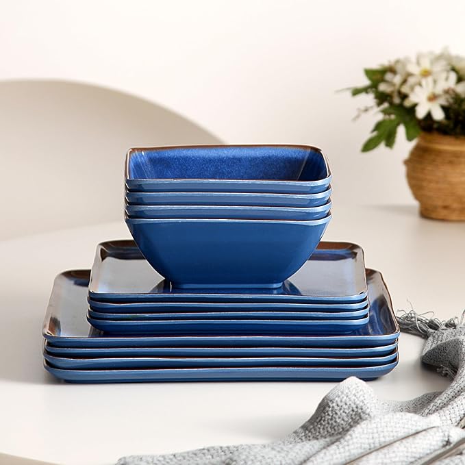 Melamine Dinnerware Sets 12 Pcs Square Plates and Bowls Sets of 4 Unbreakable Dishes Set for Outdoor Use Lightweight Dishware Set for CampingPatio and RV Dishwasher Safe Navy Blue