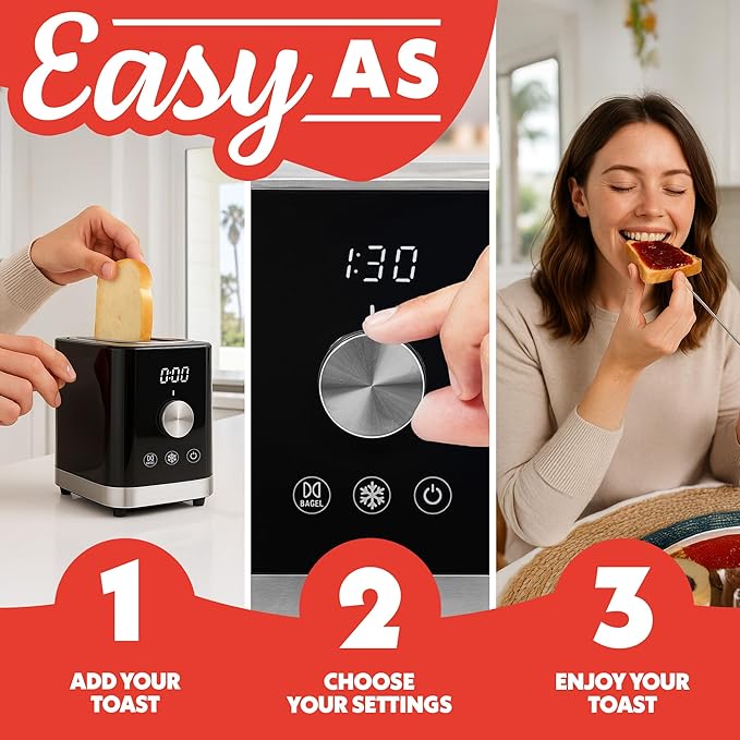 Gourmia 2 Slice Toaster – 6 Browning Levels with Bagel and Defrost Mode One-Touch Toasting Removable Crumb Tray Extra Wide Slots Compact Design Black