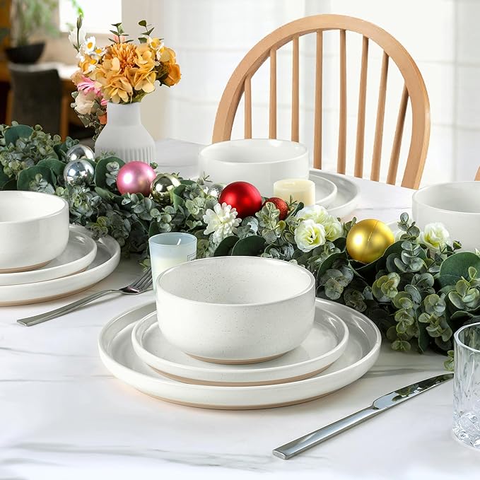 LIANYU Dinnerware Sets 12 Piece Plates and Bowls Set for 4 Ceramic Dishware Dishes Set Scratch Resistant Kitchen and Dining Stoneware Plates Microwave &amp Dishwasher Safe Snowy White